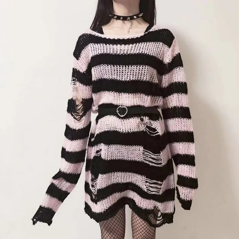 Striped Gothic Knit Pullover Sweater – Oversized Alt Aesthetic