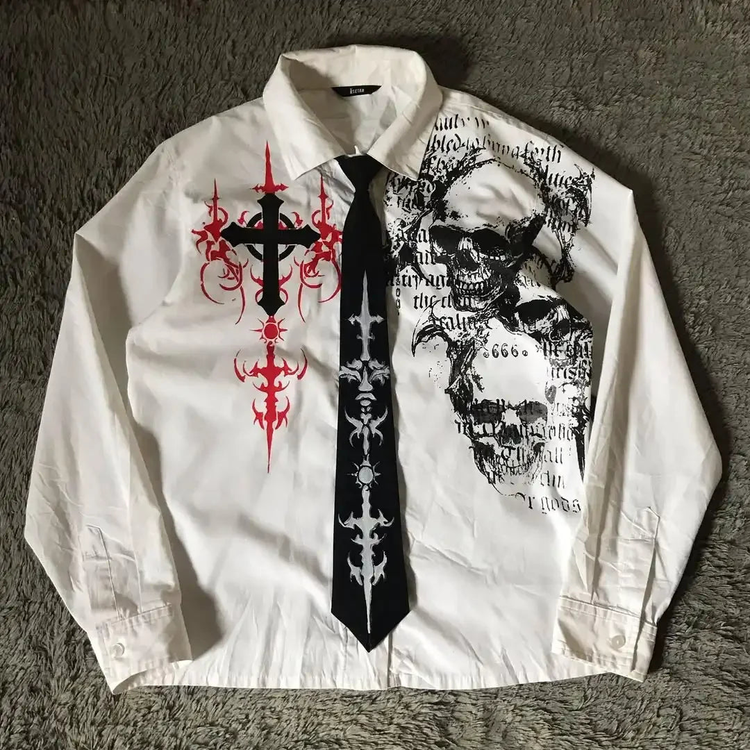 Yokai Supply “Affliction White” Gothic Skull Long Sleeve – Y2K Retro Harajuku Street Shirt