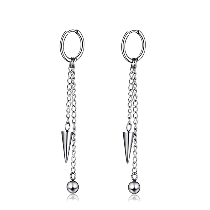 Stainless Steel Cross Long Chain Dangle Hoop Earrings – Black or Silver Tone (Unisex Set)
