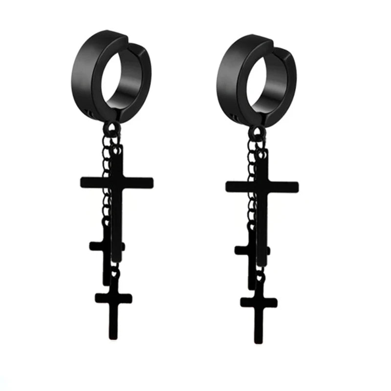 Stainless Steel Cross Long Chain Dangle Hoop Earrings – Black or Silver Tone (Unisex Set)