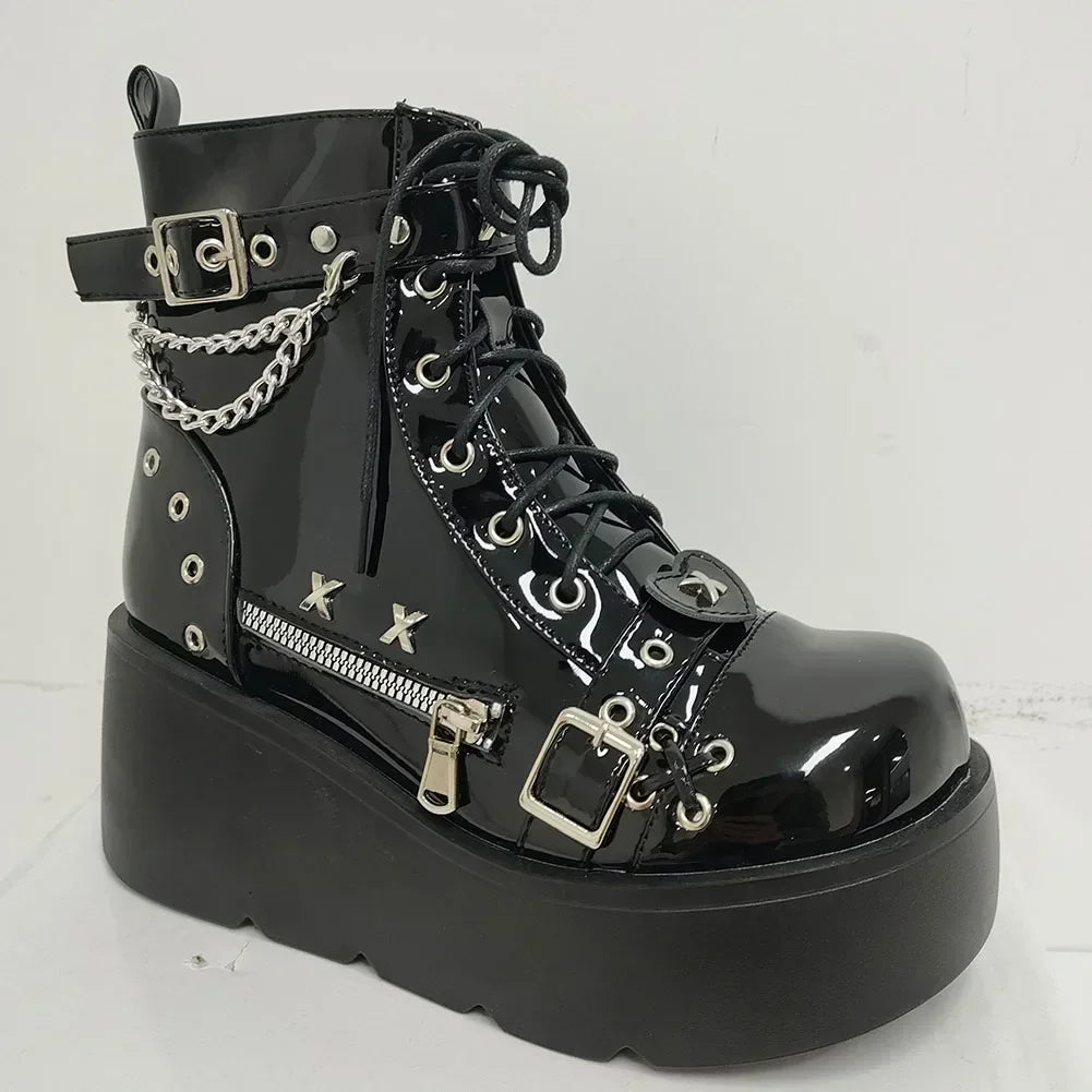 Yokai Supply “Vampiric Eclipse” Gothic Platform Boots – Mid-Calf Lace-Up Wedge Motorcycle Shoes