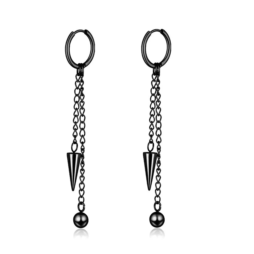 Stainless Steel Cross Long Chain Dangle Hoop Earrings – Black or Silver Tone (Unisex Set)