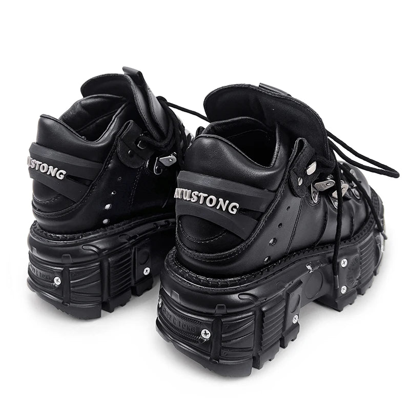 Yokai Supply “Obsidian Chain” Gothic Platform Boots – Punk Lace-Up Metal Decor Ankle Shoes