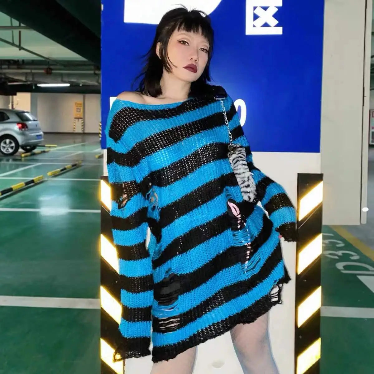 Striped Gothic Knit Pullover Sweater – Oversized Alt Aesthetic