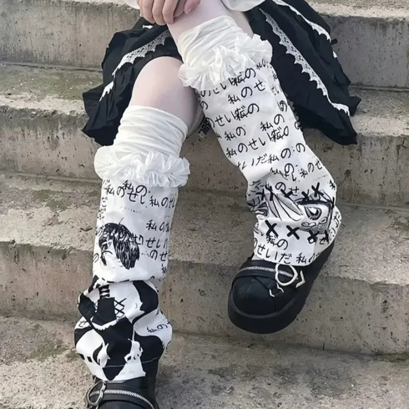 Yokai Supply “Vesper Script” Gothic Letter Knit Leg Warmers – Y2K Harajuku Punk Streetwear