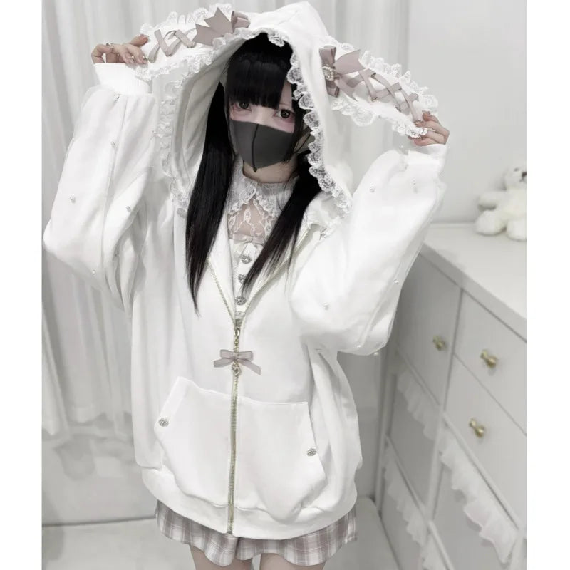 Yokai Supply “Moon Bunny” Kawaii Lace Zip Hoodie – Y2K Rabbit Ear Lolita Jacket