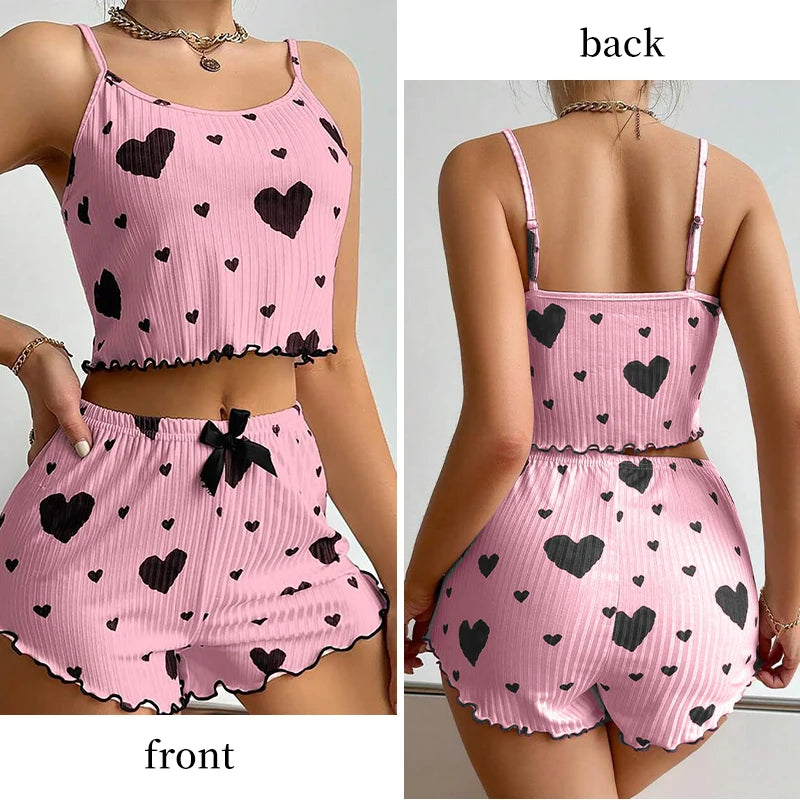 Women’s Pajama Set – 2PCS Tank Top & Shorts Sleepwear (Soft Heart Set)