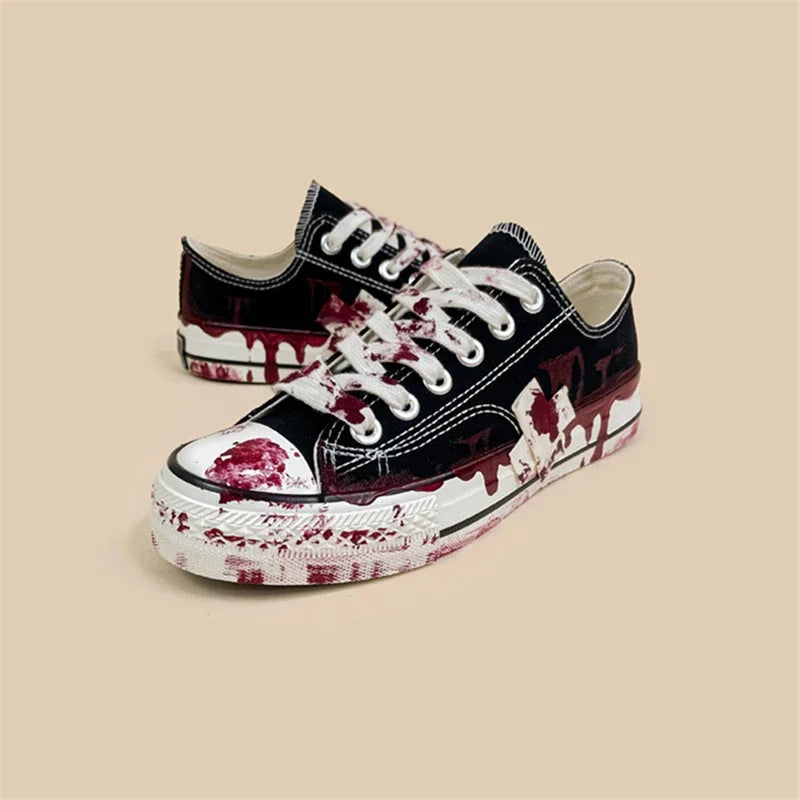 Yokai Supply “Crimson Chain” Gothic Hand-Painted Sneakers – Unisex Y2K Punk Street Canvas Shoes