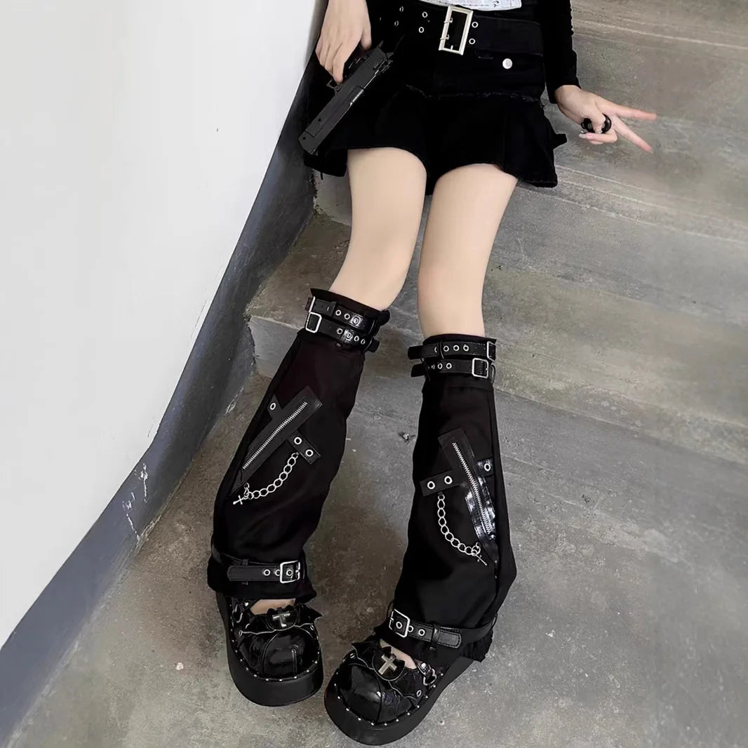 Yokai Supply “Cyber Vice” Adjustable Gothic Leg Warmers – Leather Buckle Y2K Punk Street Covers