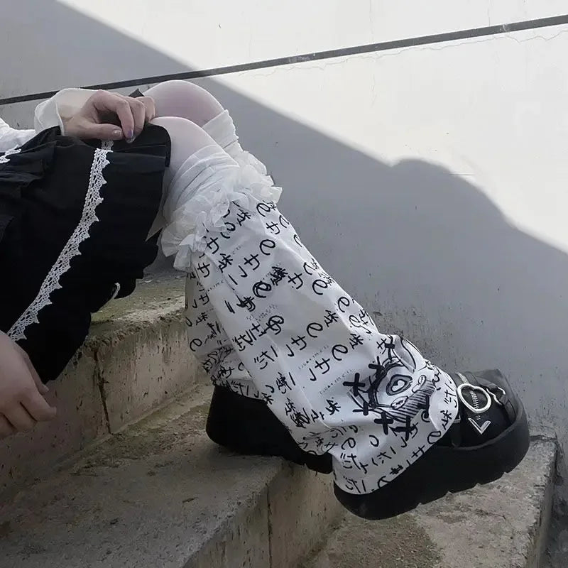 Yokai Supply “Vesper Script” Gothic Letter Knit Leg Warmers – Y2K Harajuku Punk Streetwear