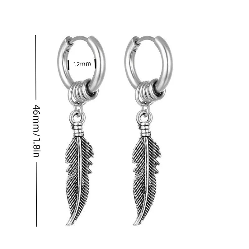 Stainless Steel Lightning Chain Hoop Earrings – Punk Feather Drop (Unisex)