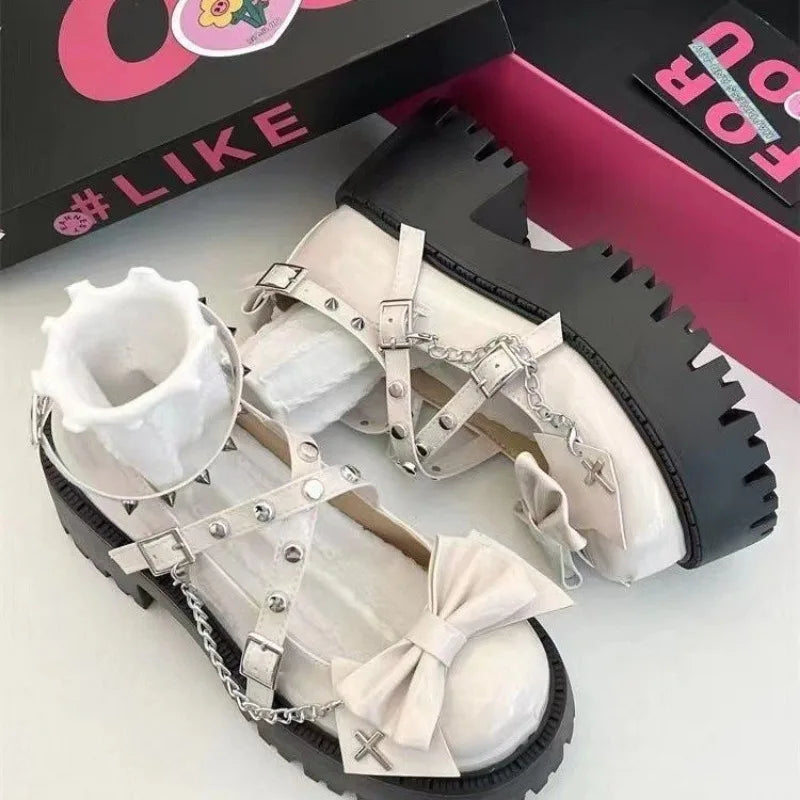 Yokai Supply “Midnight Reverie” Lolita Platform Heels – Gothic Bow & Chain Rivet Pumps