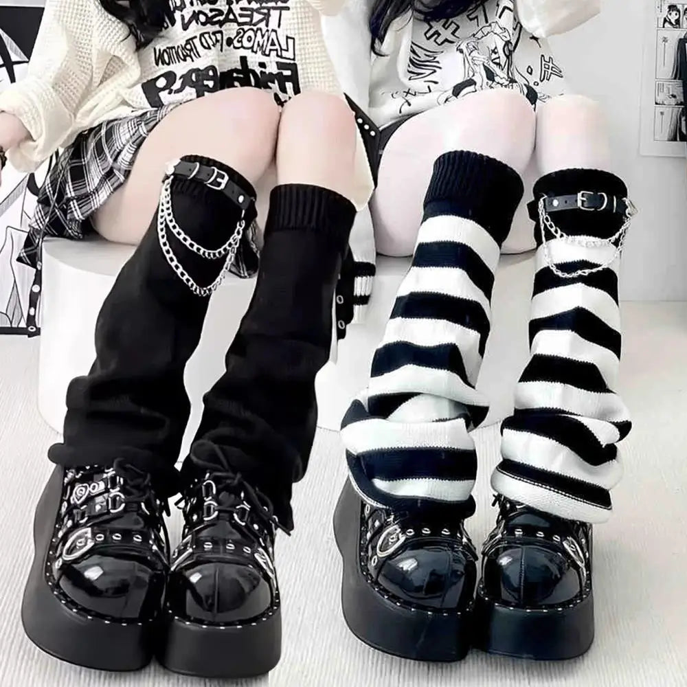 Gothic Striped Knit Leg Warmers – Black & White