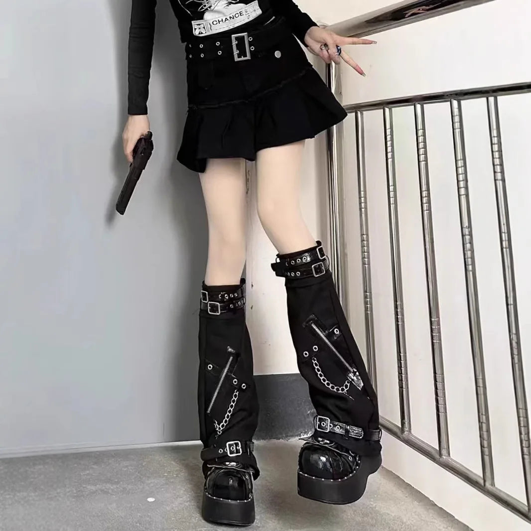 Yokai Supply “Cyber Vice” Adjustable Gothic Leg Warmers – Leather Buckle Y2K Punk Street Covers