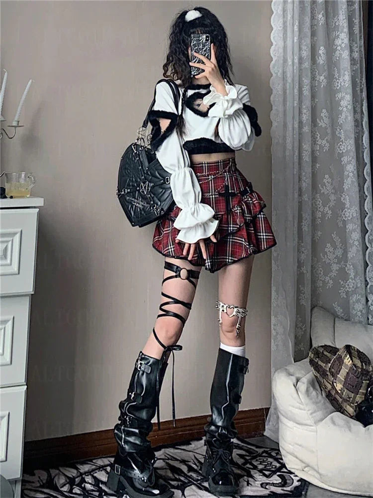 Yokai Supply "Red Plaid" High-Waisted Mini Skirt – Gothic Y2K A-Line