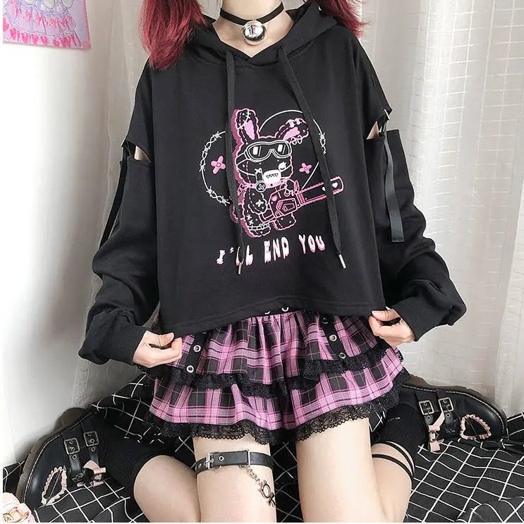 Patchwork Hollow-Out Crop Hoodie – Gothic Y2K Cartoon Print