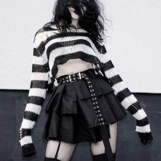 Striped Gothic Knit Pullover Sweater – Oversized Alt Aesthetic