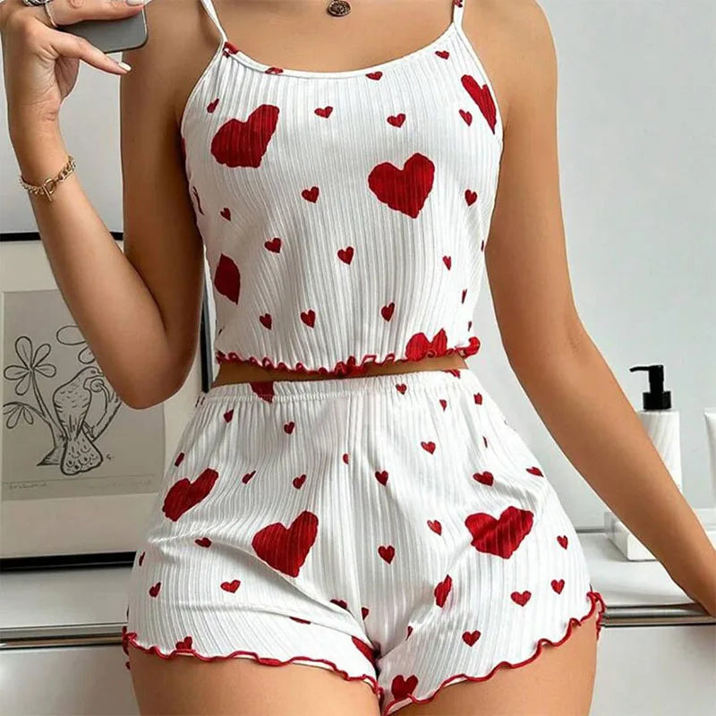Women’s Pajama Set – 2PCS Tank Top & Shorts Sleepwear (Soft Heart Set)