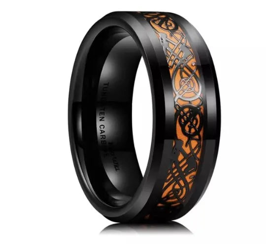 Stainless Steel Dragon Inlay Ring – 8MM Carbon Fiber Band (Unisex)