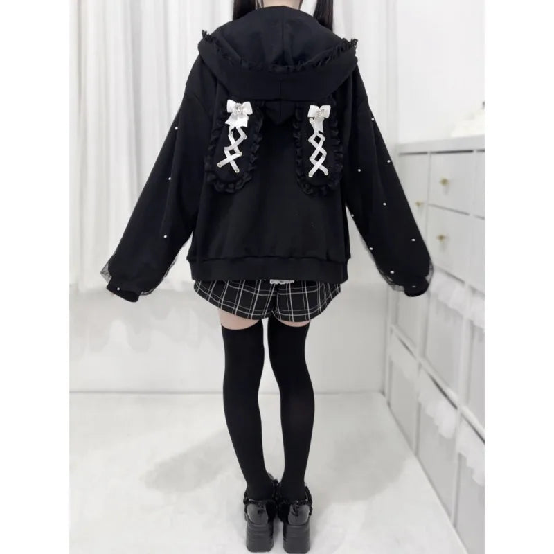 Yokai Supply “Moon Bunny” Kawaii Lace Zip Hoodie – Y2K Rabbit Ear Lolita Jacket