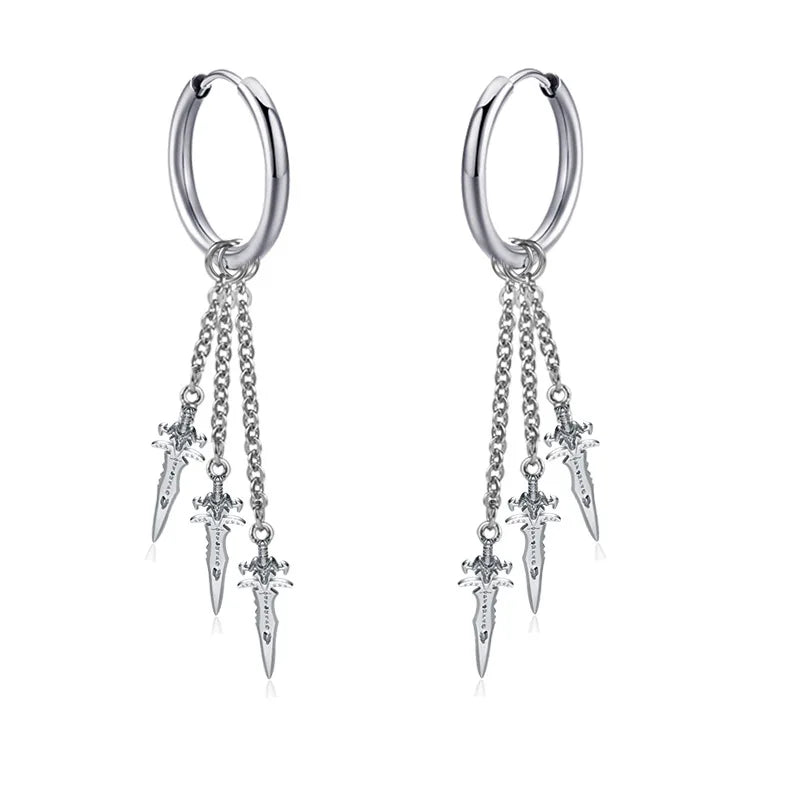 Stainless Steel Lightning Chain Hoop Earrings – Punk Feather Drop (Unisex)