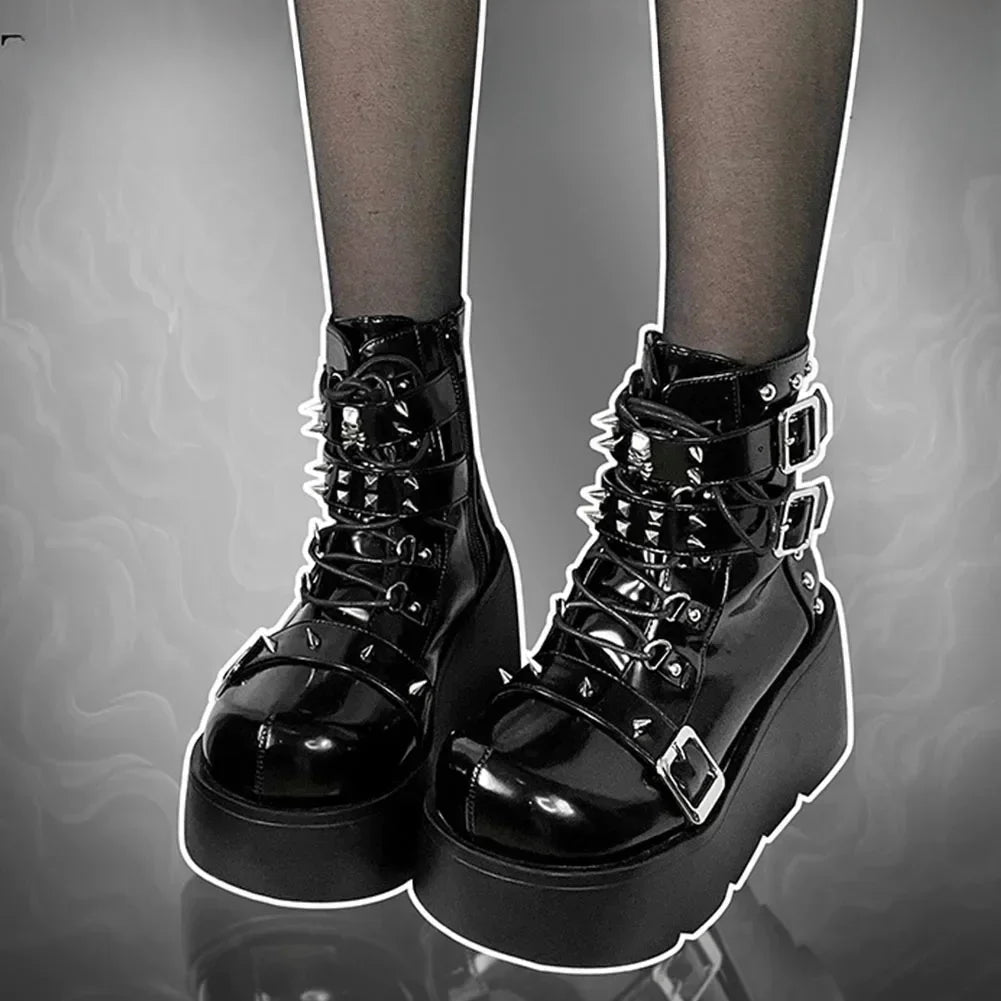 Yokai Supply “Vampiric Eclipse” Gothic Platform Boots – Mid-Calf Lace-Up Wedge Motorcycle Shoes