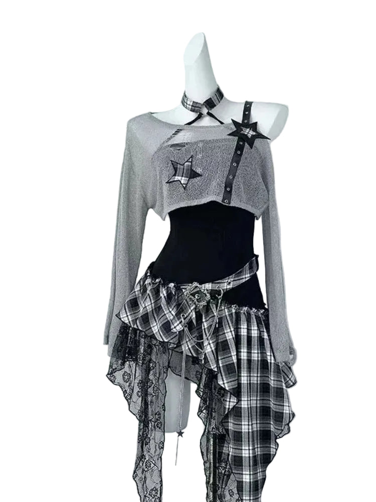 Yokai Supply “Nocturne Muse” Gothic Y2K Two-Piece Set – Black Crop Top & Asymmetrical Mini Dress