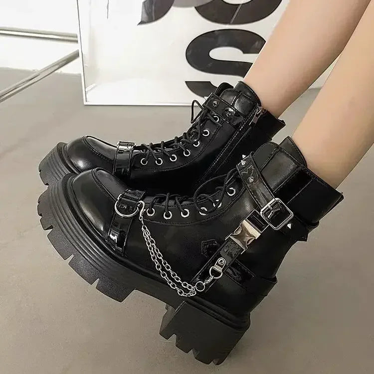 Yokai Supply “Iron Reign” Rivet Chain Short Boots – Gothic Punk Lace-Up Women’s Streetwear Shoes