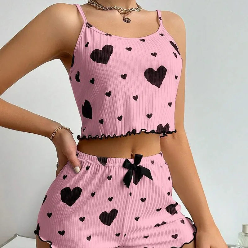 Women’s Pajama Set – 2PCS Tank Top & Shorts Sleepwear (Soft Heart Set)