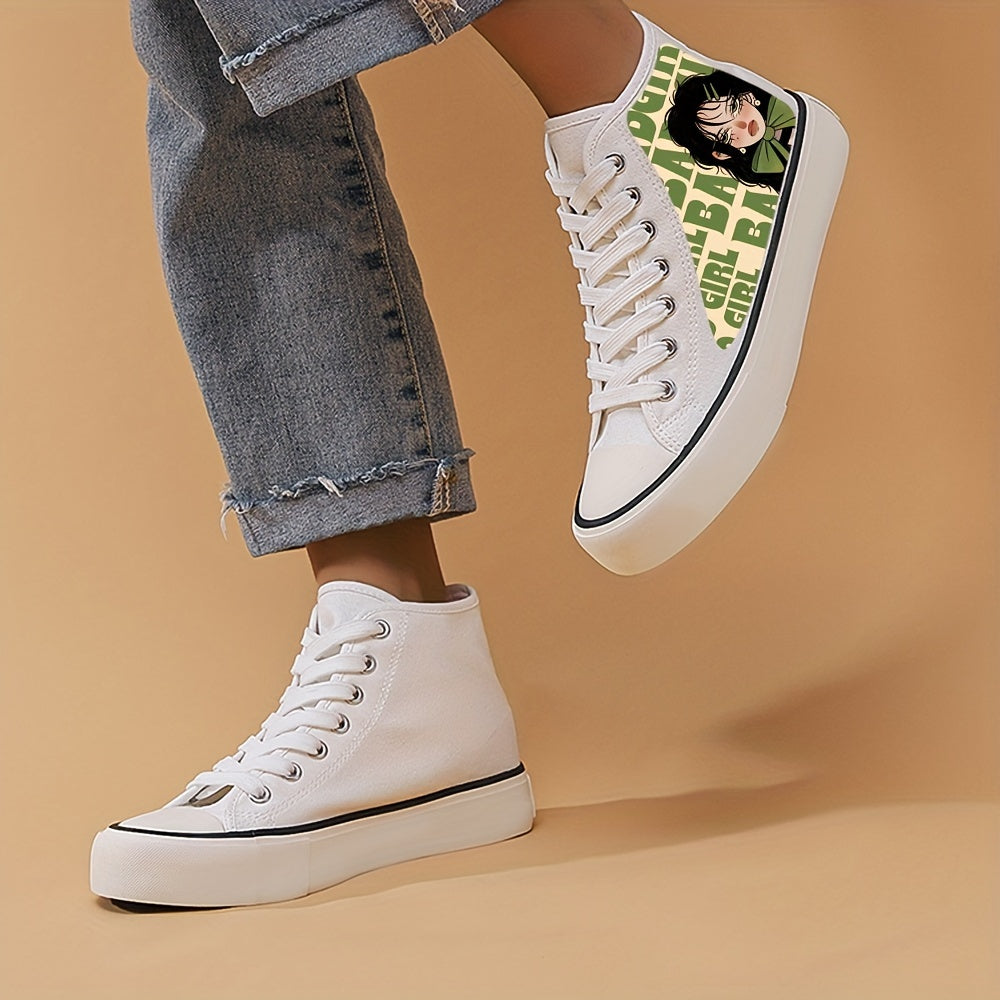 Yokai Supply “Neon Drift” Anime Girl High-Top Sneakers – Breathable Canvas Skate Shoes