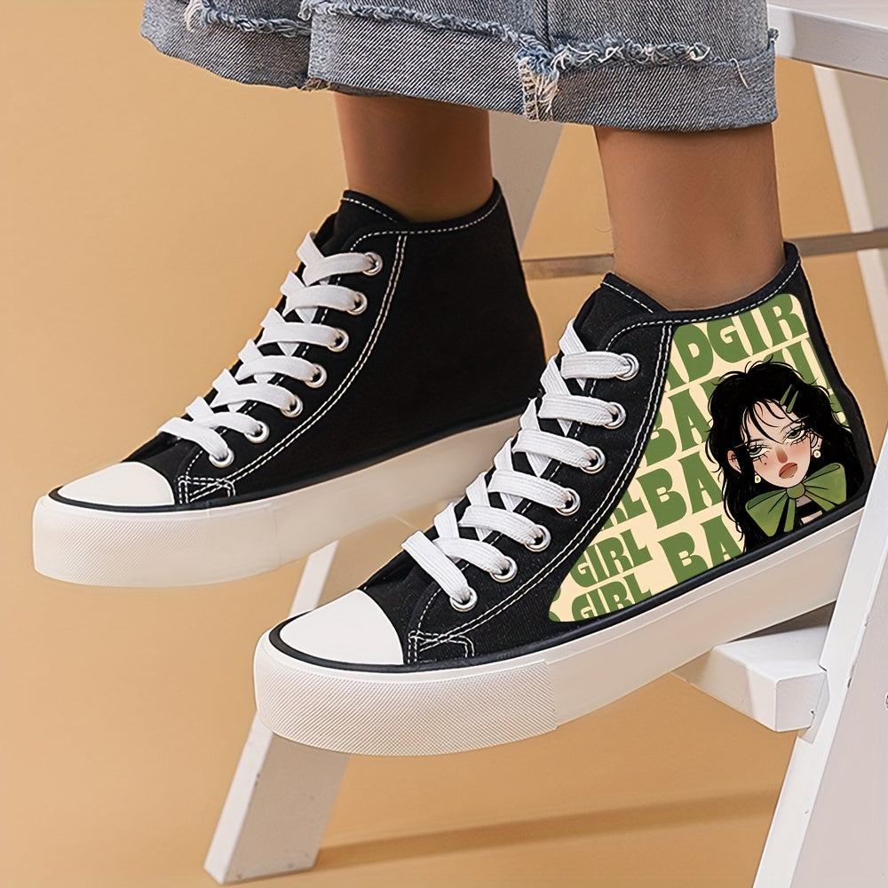 Yokai Supply “Neon Drift” Anime Girl High-Top Sneakers – Breathable Canvas Skate Shoes